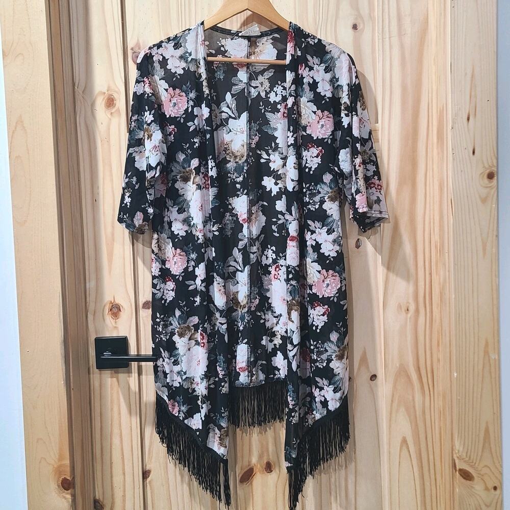 Ember Stretchy Floral Sheer Fringe Cardigan Girly Boho Chic Cottagecore Size S